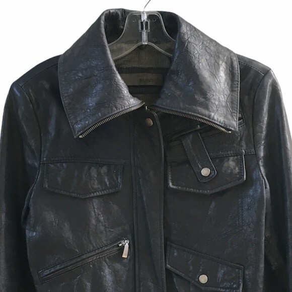 Punto Navy Leather Bomber Motto Jacket US 4 - Picture 2 of 16